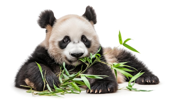 Un giovane panda giace sulla pancia a masticare occhi di bambù che incontrano la telecamera