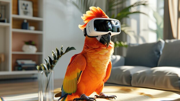Un giovane pappagallo allegro si siede in una stanza moderna indossando un auricolare bianco di realtà virtuale VR a luce diurna