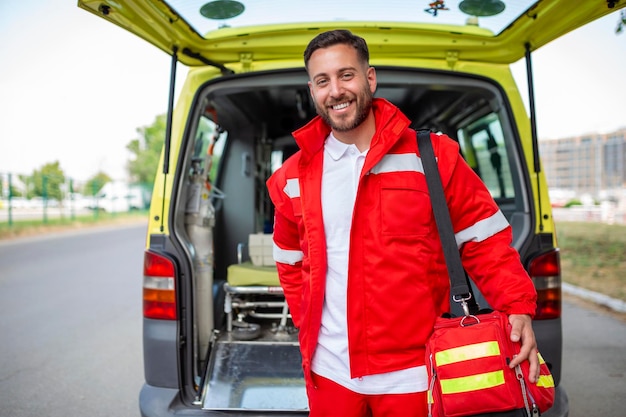 Un giovane paramedico in piedi sul retro di un'ambulanza vicino alle porte aperte sta guardando la telecamera con un'espressione di fiducia sorridendo portando una borsa per traumi medici sulla spalla
