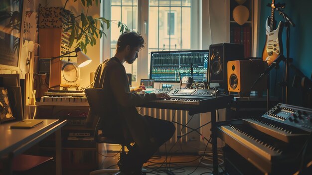 Un giovane produttore musicale che lavora nel suo studio di casa è seduto alla sua scrivania circondato da attrezzature musicali elettroniche