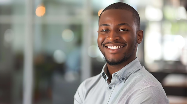 Un giovane professionista afroamericano sorride alla telecamera indossa una camicia casual e ha un'espressione amichevole sul viso