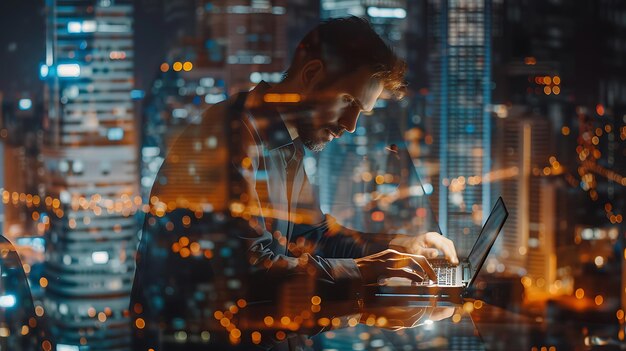 Un giovane professionista lavora fino a tarda notte sul suo portatile in un ufficio moderno con una splendida vista delle luci della città