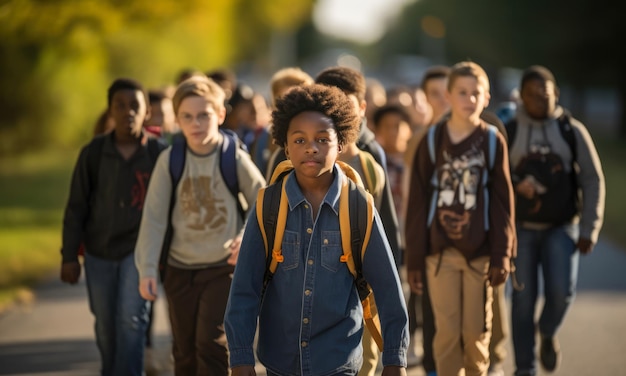 Un giovane ragazzo afroamericano che sta fermo in segno di protesta con i suoi compagni di scuola Razzismo a scuola