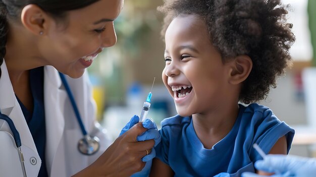 Un giovane ragazzo afroamericano sorride felice mentre una dottoressa si prepara a fargli una vaccinazione