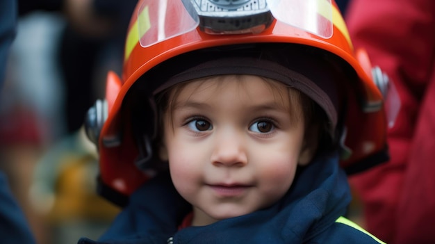 Un giovane ragazzo che indossa un casco da vigile del fuoco