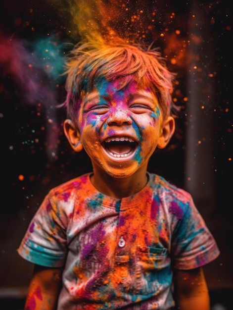 Un giovane ragazzo è coperto di polvere colorata immagine generativa ai