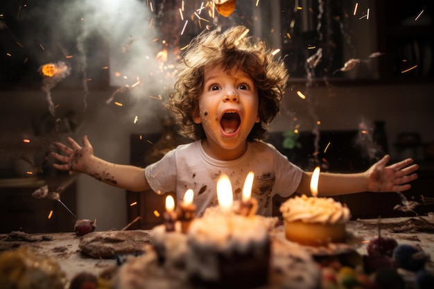Un giovane ragazzo esuberante immerso in una vivace celebrazione seduto davanti a una torta adornata con candele accese