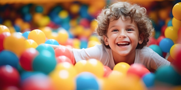 Un giovane ragazzo gioioso con i capelli ricci che si diverte a giocare in una vivace pallaia in un centro giochi per bambini