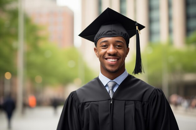 Un giovane ragazzo nero sorridente vestito con il suo abito da laurea nero