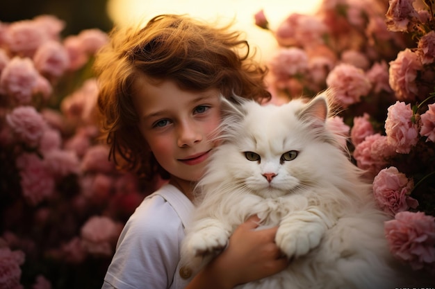 Un giovane ragazzo raggiante con le guance rosee che coccola teneramente il suo soffice gatto persiano in un giardino fiorito