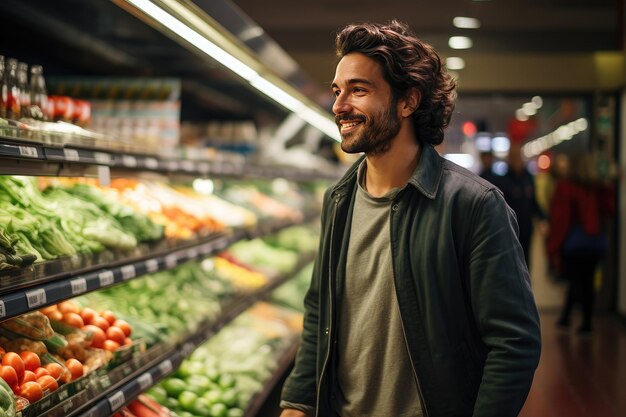 Un giovane sceglie frutta o verdura fresca in un supermercato