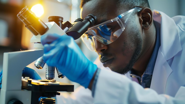 Un giovane scienziato afroamericano che indossa un cappotto da laboratorio e occhiali di sicurezza sta guardando una diapositiva del microscopio