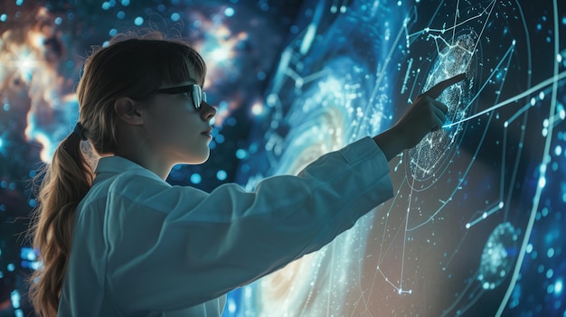 Un giovane scienziato che interagisce con proiezioni di dati olografici futuristici
