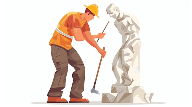 Un giovane scultore sta lavorando duramente su un nuovo pezzo sta usando un martello e uno scalpello per scolpire la pietra in una bella forma