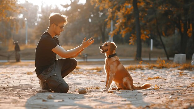 Un giovane si inginocchia nella sabbia e gioca con il suo cane l'uomo sorride e il cane lo guarda entrambi si stanno godendo il sole