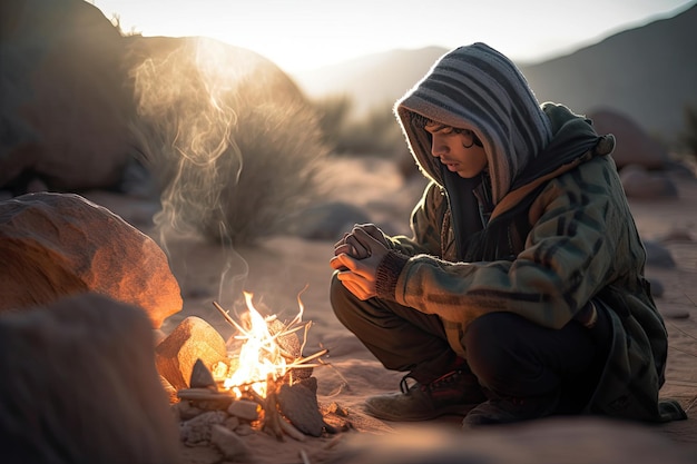 Un giovane siede intorno a un falò nel deserto, bevendo il tè.