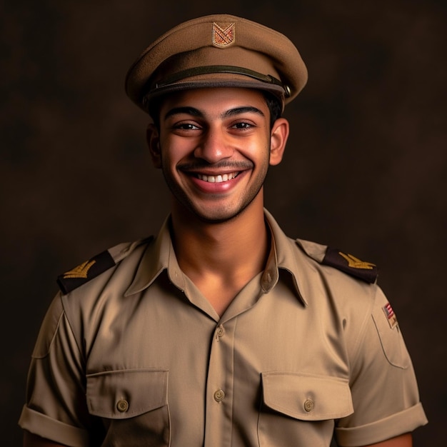 un giovane sorridente che indossa abiti militari su sfondo marrone scuro
