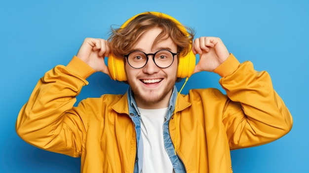 Un giovane sorridente con i capelli ricci che si diverte a ascoltare musica con le cuffie gialle sullo sfondo blu