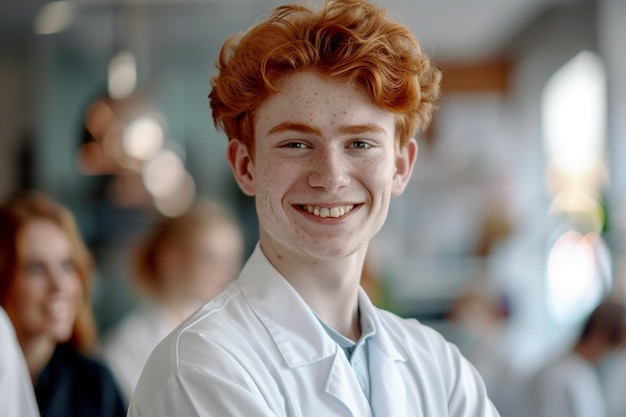 un giovane sorridente con i capelli rossi e una camicia bianca con un sorriso sul viso