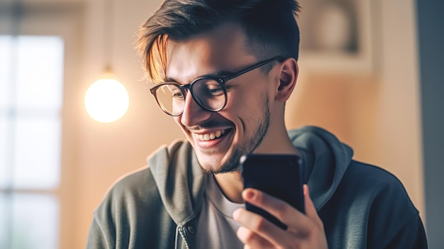 Un giovane sorridente con uno smartphone nelle sue mani generativo ai