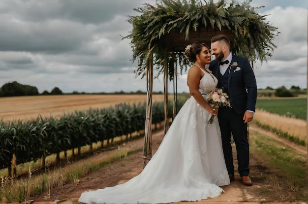 Un giovane sposo sorridente barbuto in un abito grigio e una bella sposa dolce in un vestito bianco sono