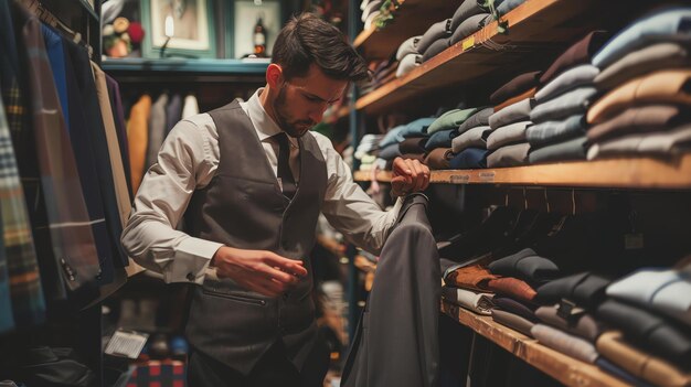 Un giovane sta comprando un vestito in un negozio sta guardando una giacca e