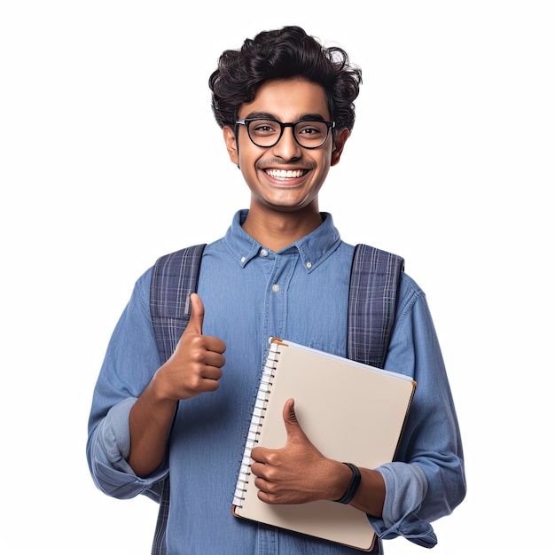 Un giovane studente indiano asiatico con gli occhiali e uno zaino tiene un libro e mostra un pollice in su