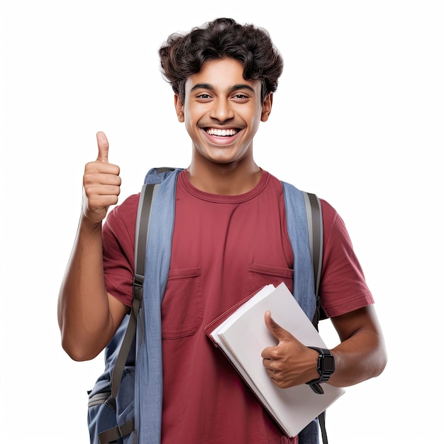 Un giovane studente indiano con uno zaino che dà un pollice in su