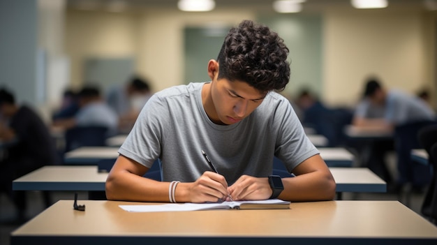 Un giovane studente maschio sta sostenendo gli esami su una materia circondato da altri studenti della classe Created with Generative AI technology