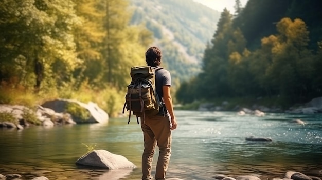 Un giovane turista sulla riva di un fiume