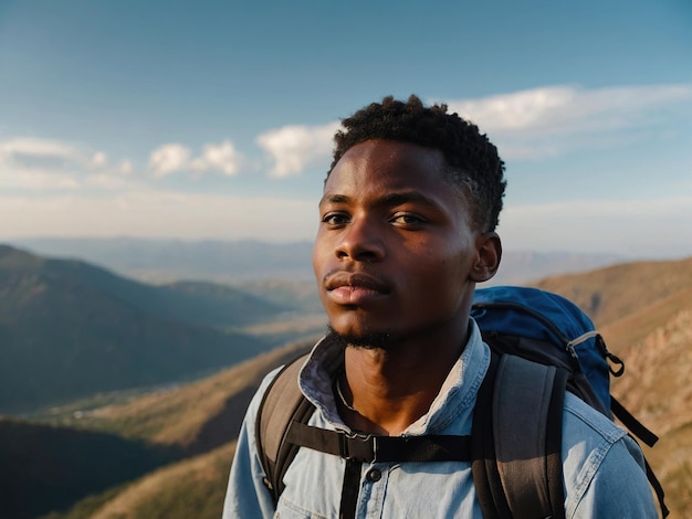 Un giovane uomo afroamericano positivo con uno zaino turistico in piedi sulla cima di una roccia