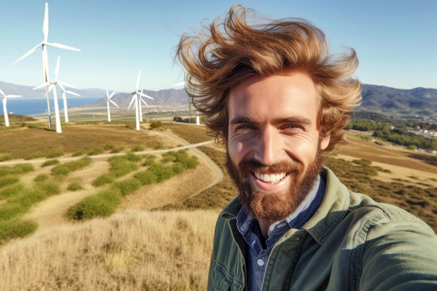 Un giovane uomo attraente sorridente si fa un selfie sullo sfondo di un paesaggio naturale con turbine eoliche Il concetto di ecologia risorse sostenibili e ottimismo climatico Copia spazio