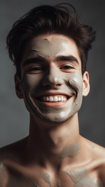 Un giovane uomo bello sorridente felice con una maschera facciale di bellezza IA generativa
