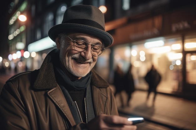 Un giovane uomo caucasico vestiti alla moda utilizzando il telefono cellulare con lo sfondo della strada urbana della città di notte IA generativa AIG18