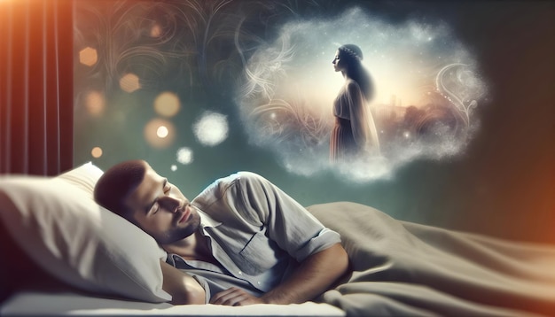 Un giovane uomo che dorme in un letto e sogna una donna in una storia.