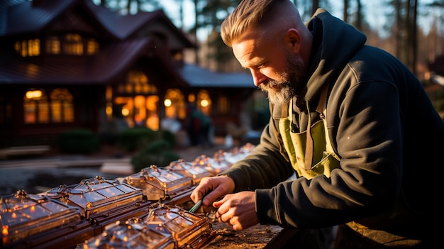 Un giovane uomo con una barba e una barba nera sta lavorando in una casa di legno nella foresta il concetto di una nuova vita e il