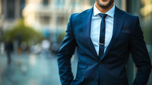 Un giovane uomo d'affari di successo in abito si trova con fiducia in città indossa una camicia bianca giacca blu scuro e cravatta