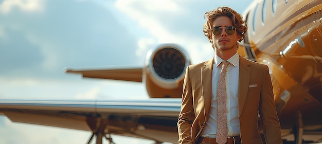 Un giovane uomo d'affari elegante che esce da un jet privato.