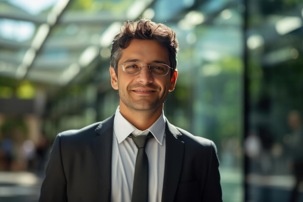 Un giovane uomo d'affari indiano in giacca e cravatta cammina fuori dall'ufficio o dall'edificio di vetro