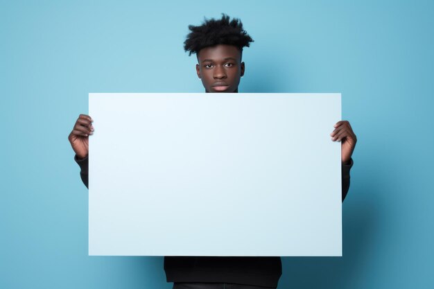 un giovane uomo di colore che tiene in mano un biglietto di auguri bianco vuoto