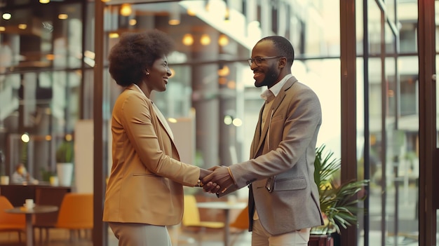 Un giovane uomo e una giovane donna afroamericani stanno in un ufficio a stringersi la mano, sono entrambi sorridenti e indossano abiti da lavoro.