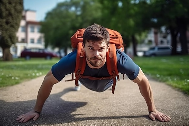 Un giovane uomo esegue esercizi con uno zaino un nuovo di sport rucking zaino pesante camminare fitness all'aperto