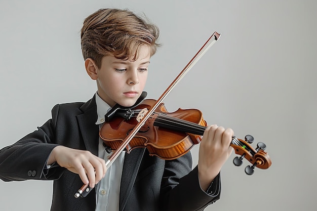 Un giovane uomo in abito nero è emerso suonando il violino su un ambiente bianco.