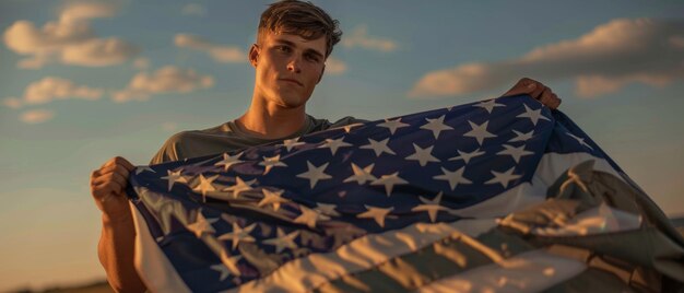 Un giovane uomo tiene solennemente la bandiera americana in onore dei sacrifici di coloro che hanno servito la nostra nazione con dignità e coraggio