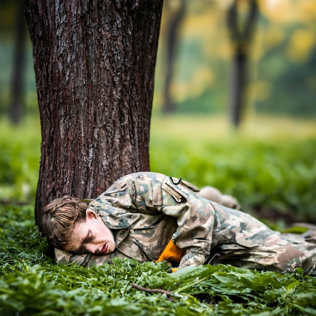 un giovanissimo soldato bianco ferito giaceva e dormiva sotto un albero