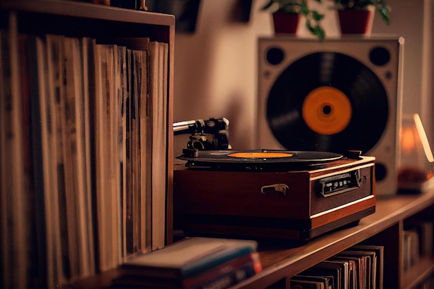 Un giradischi vintage e una collezione di dischi in vinile vecchio stile generativo ai