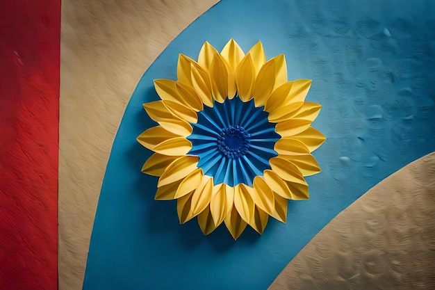 un girasole blu e giallo con un nastro blu.