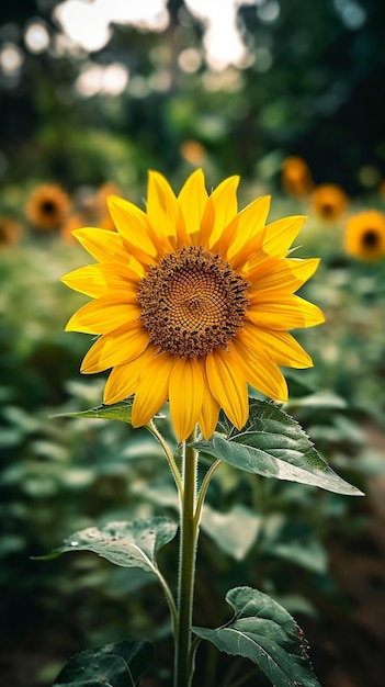 Un girasole con un centro giallo e una foglia verde al centro generativo ai