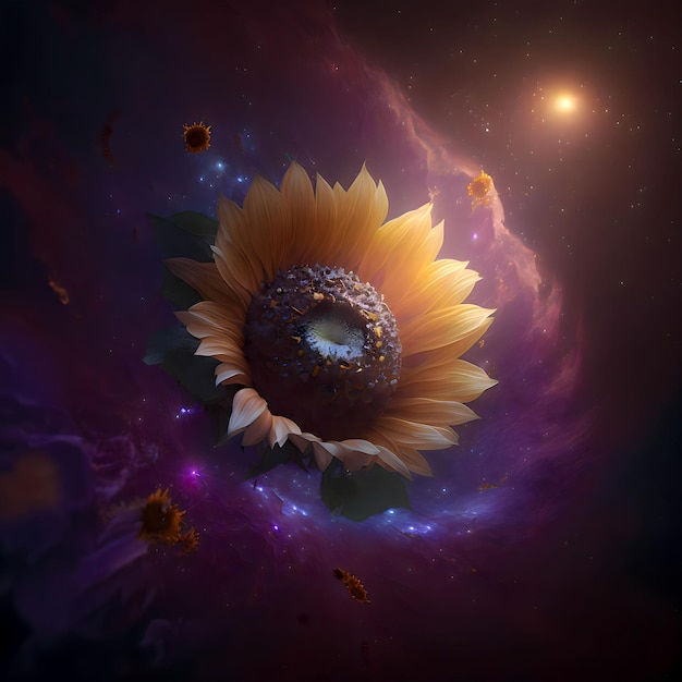 Un girasole è circondato da luci viola e gialle.