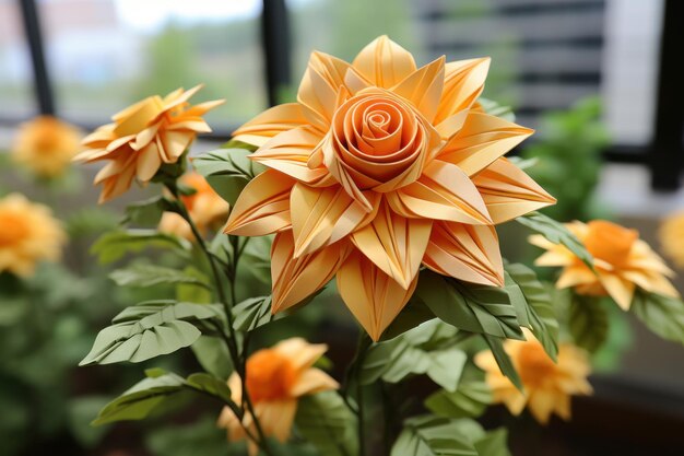 Un girasole e foglie realizzati con carta utilizzando il kirigami o lo stile di lavorazione dell'origami giapponese